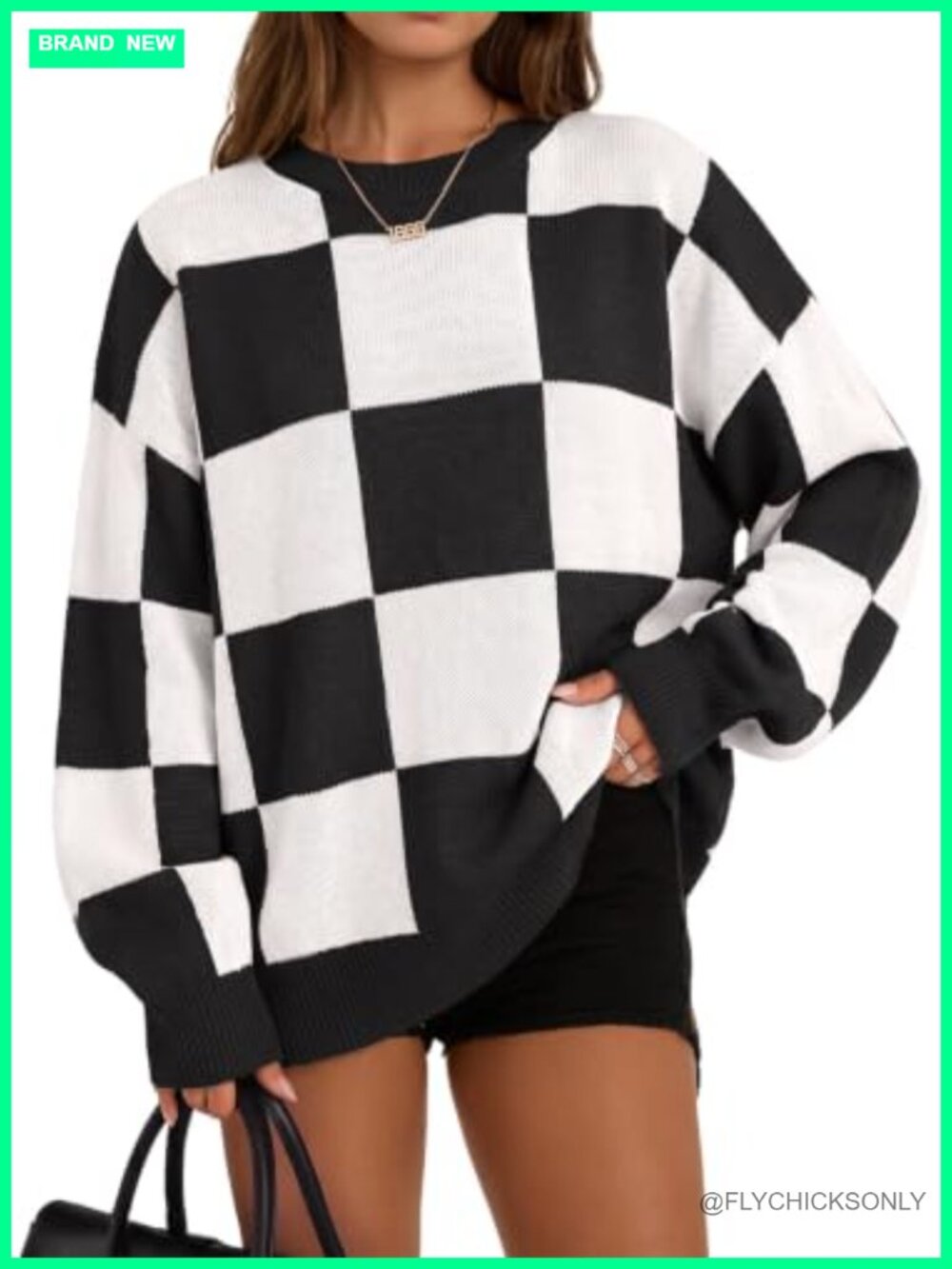 Womens Checkered Knit Sweater Pullover Oversized Crew Neck Long Sleeve